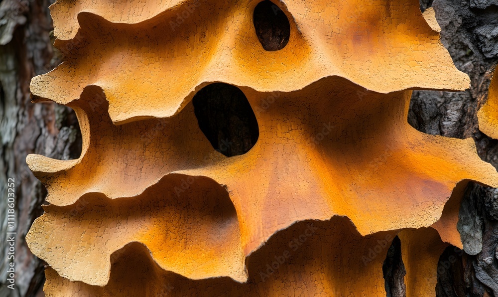 Obraz premium Close-up view of layered, orange-brown lichen or fungus on tree bark.