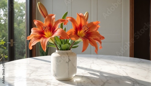 Bright orange peace lilies in a marble vase on a sunny table photo