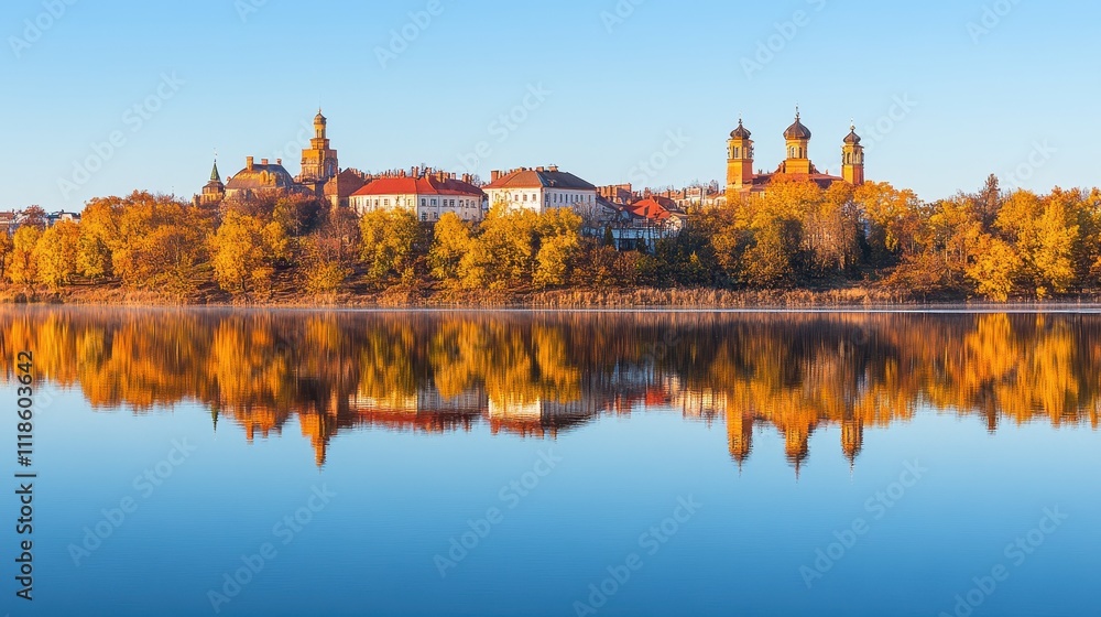 Obraz premium Autumn town reflected in calm lake, colorful trees mirroring buildings.