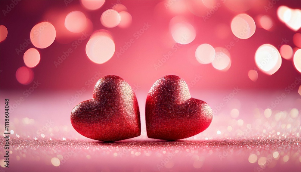 two red hearts on pink background with bokeh lights valentine s day concept two red hearts on pink background with bokeh lights valentine s day concept
