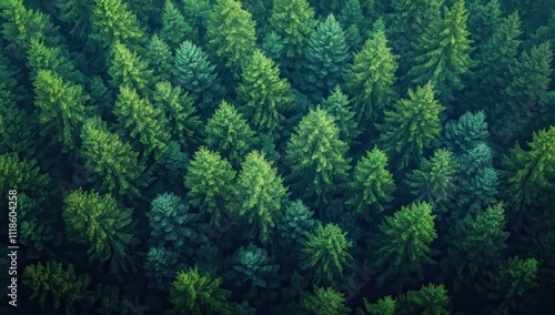 Aerial View of Dense Evergreen Forest with Lush Green Trees and Natural Patterns in Nature, Showcasing Tranquility and Beauty from Above