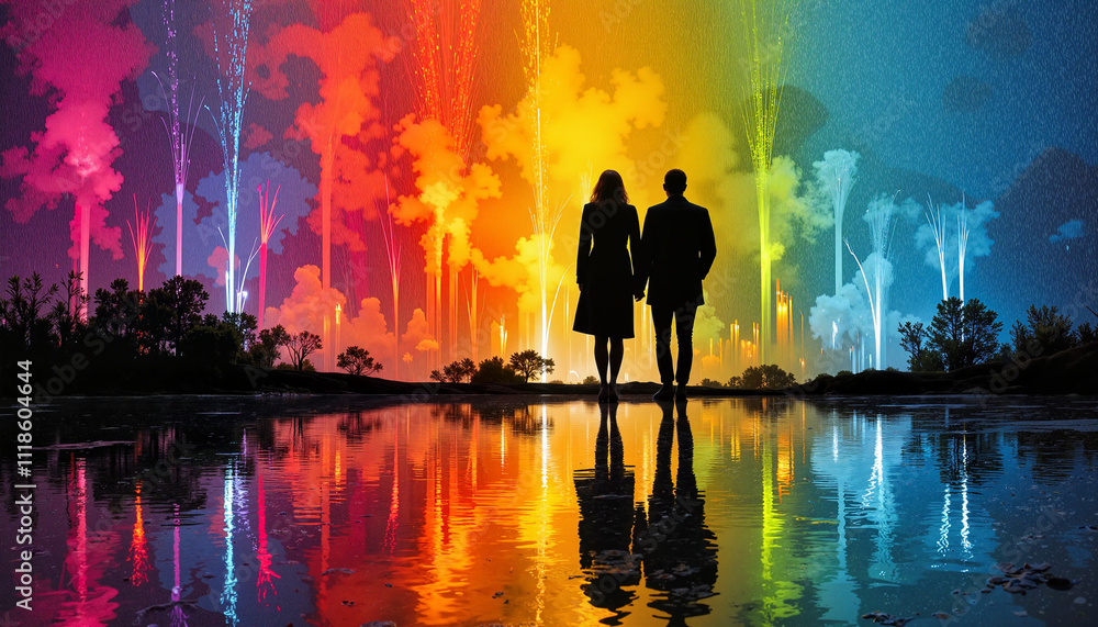 Fototapeta premium Couple walking with colorful reflection background Silhouetted couple walking hand in hand, reflected in a vibrant and colorful artistic scene.