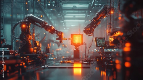 Futuristic factory with robotic arms working on a glowing object.