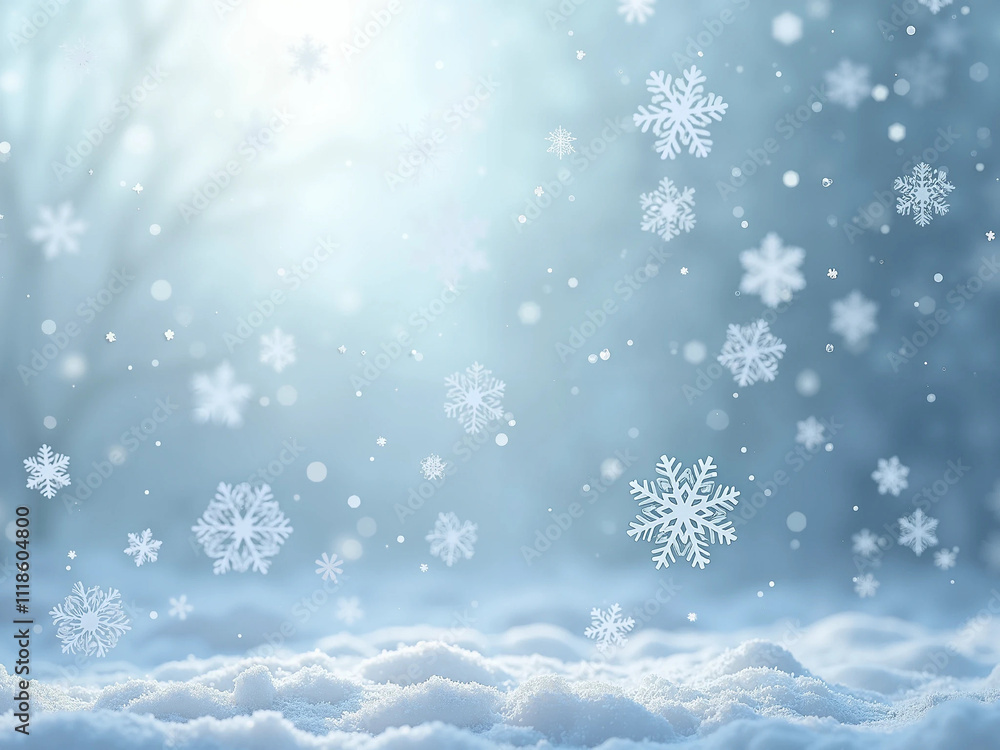 白銀の雪の結晶が空を舞う静かな冬の風景 白銀の雪の結晶が空を舞う静かな冬の風景