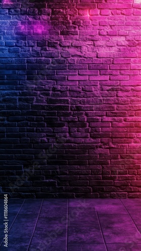 Neon Brick Wall: Vibrant pink and blue neon lights illuminate a dark, textured brick wall, creating a dramatic and stylish backdrop. The cool tones and sharp contrasts offer a modern, edgy aesthetic. photo