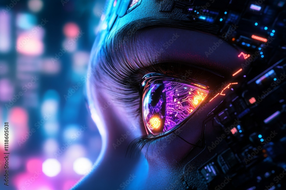 Futuristic Cybernetic Eye - A close-up view of a cybernetic eye showcasing intricate circuitry and vibrant colors, symbolizing technology and innovation. Futuristic Cybernetic Eye - A close-up view of a cybernetic eye showcasing intricate circuitry and vibrant colors, symbolizing technology and innovation.