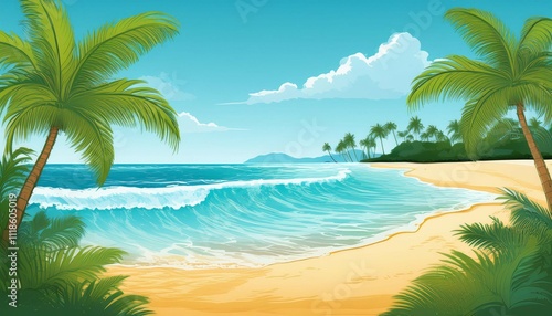 tropical beach scene with palm trees and ocean waves illustration