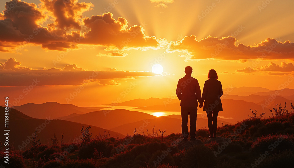 Fototapeta premium Couple holding hands at golden sunset A romantic moment of a couple standing hand-in-hand on a hilltop, illuminated by the golden glow of a breathtaking sunset.