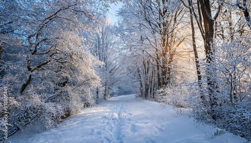 a peaceful forest path is blanketed in snow with glistening frost covering the trees soft snowfall and morning light create a magical winter atmosphere