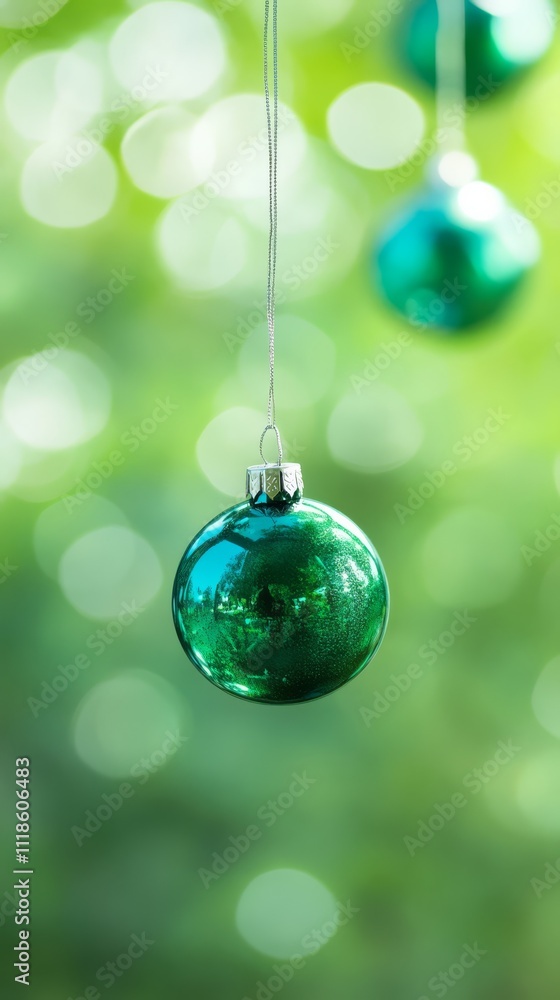 Obraz premium Emerald Ornament: A single emerald green Christmas ornament hangs against a soft backdrop of blurred green foliage, creating a captivating visual of festive simplicity.