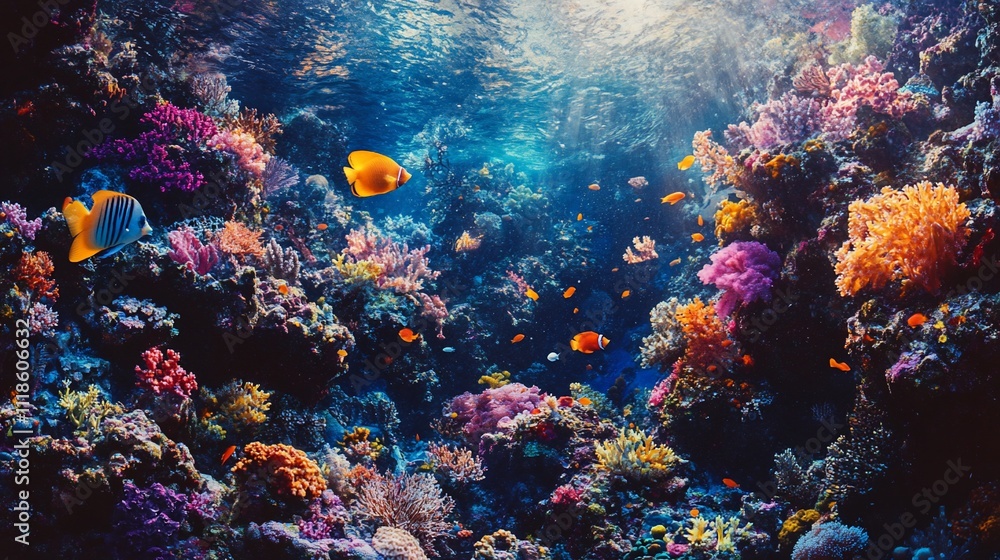 Fototapeta premium Vibrant coral reef teeming with colorful fish and diverse marine life.