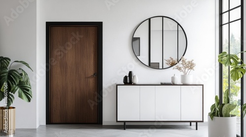 Modern minimalist hallway interior with white cabinet, round mirror, plants, and wooden door.