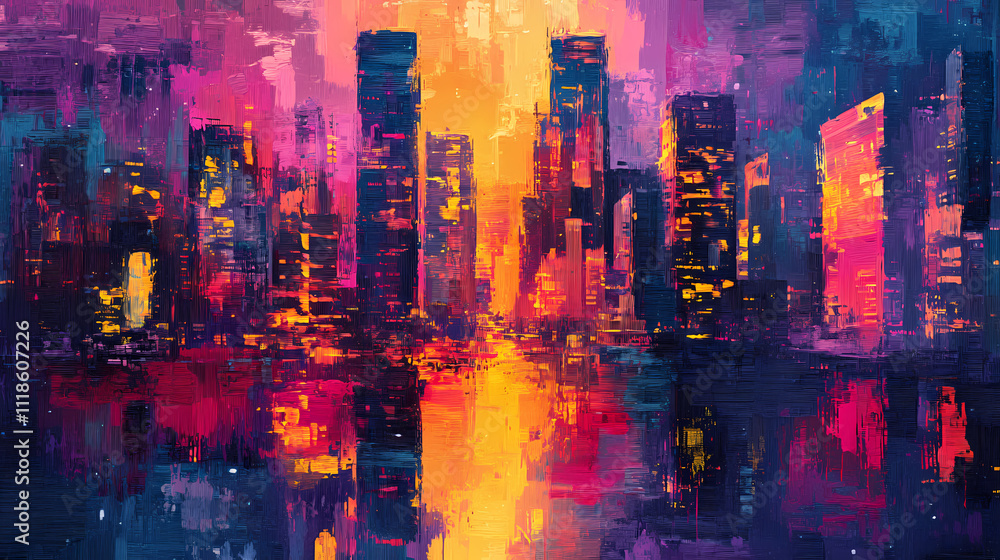 Abstract art 3d background with surreal neon glowing night lite futuristic mirage illusion city with big told high skyscrapers. Mirage. Illustration Abstract art 3d background with surreal neon glowing night lite futuristic mirage illusion city with big told high skyscrapers. Mirage. Illustration