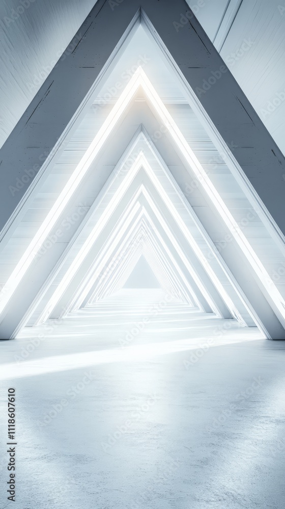 Fototapeta premium Abstract Tunnel of Light: A mesmerizing perspective down a long, linear tunnel formed by overlapping triangular structures, with glowing white lights lining the edges.