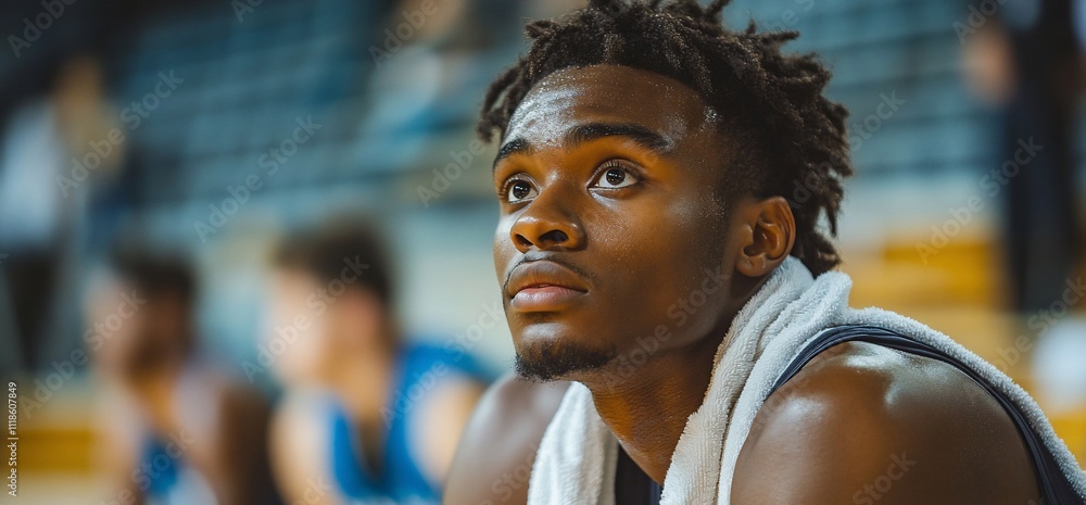 Pensive young basketball player on bench, looking up. Pensive young basketball player on bench, looking up.