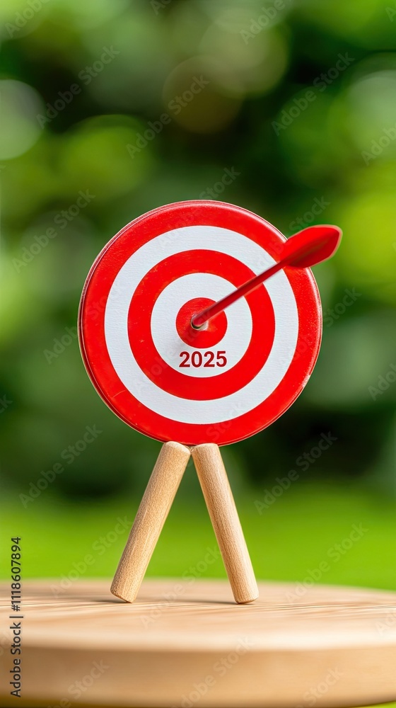 A small calendar displaying the year 2025 is positioned next to a red and white target icon on a wooden plate, set against a blurred green background A small calendar displaying the year 2025 is positioned next to a red and white target icon on a wooden plate, set against a blurred green background