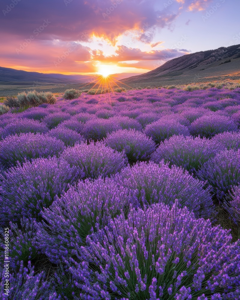 Fototapeta premium Breathtaking Lavender Fields Illuminated by Golden Sunrise Against Dramatic Sky in Scenic Landscape of Rolling Hills and Vibrant Flowers