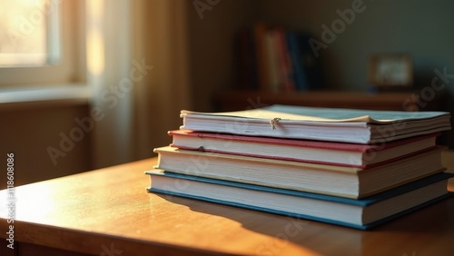 Neat stack of training manuals with warm cozy lighting on a solitary desk photo