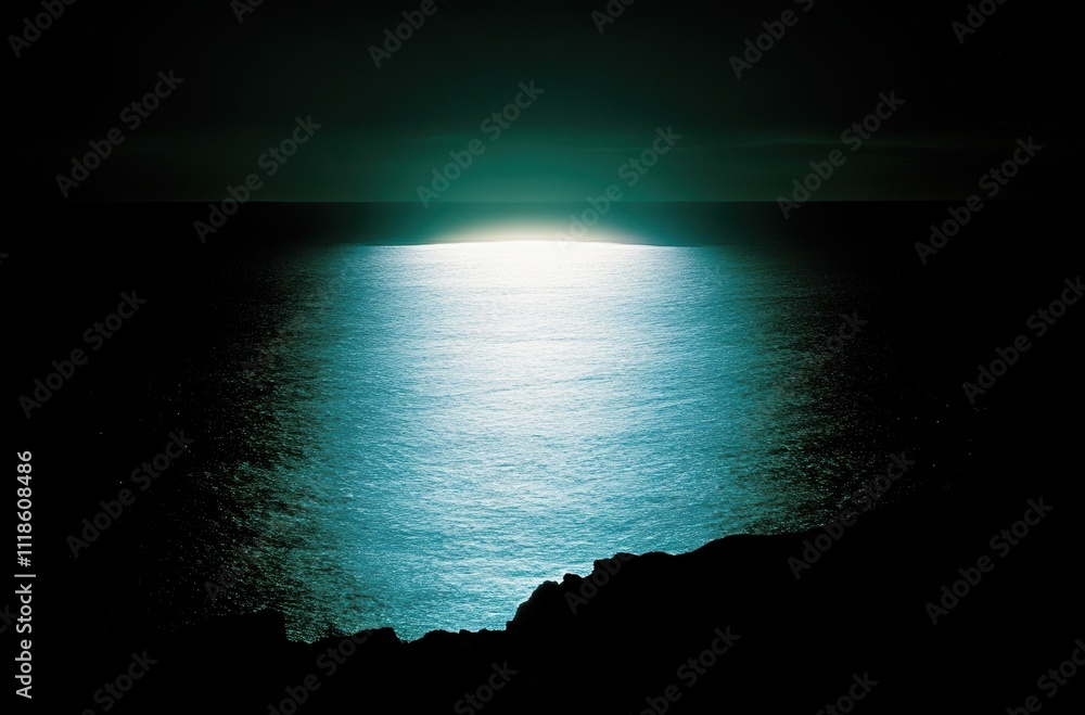 Fototapeta premium 夜空に浮かぶ神秘的な光の帯が映し出される静かな海の風景
