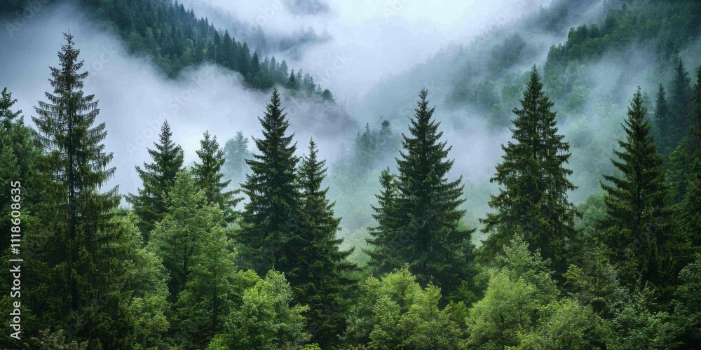 Fototapeta premium Misty evergreen forest with ethereal atmosphere