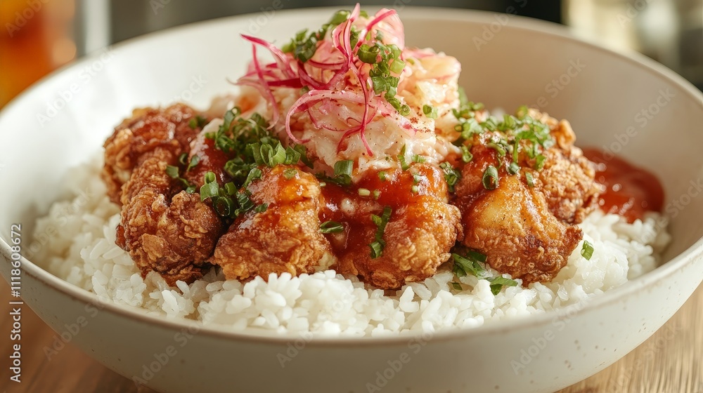 A bowl of fried chicken served on rice, topped with salad and drizzled with sauce. A bowl of fried chicken served on rice, topped with salad and drizzled with sauce.