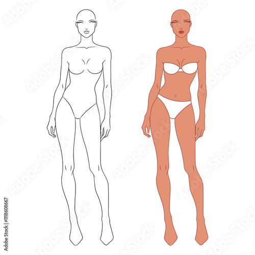 Eight-head fashion figure template. The female fashion croquis. Vector illustration of a young woman wearing lingerie, isolated on a white background.