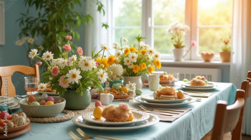 A beautifully arranged Easter brunch table featuring an array of colorful dishes, fresh flowers, and decorative eggs, set in a bright, sunlit dining room, creating a festive atmosphere A beautifully arranged Easter brunch table featuring an array of colorful dishes, fresh flowers, and decorative eggs, set in a bright, sunlit dining room, creating a festive atmosphere
