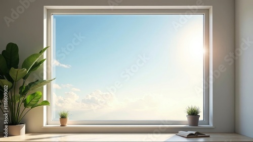 Minimalist office window view with sunny sky and plants, perfect for creating a positive atmosphere