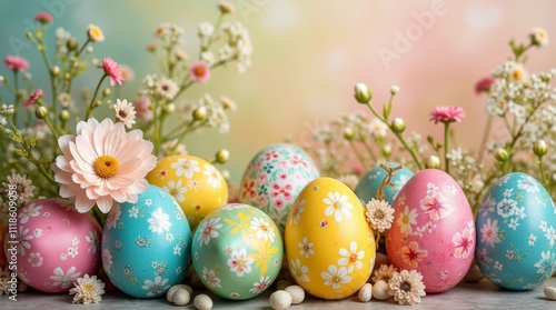 A beautifully arranged display of colorful Easter decorations, featuring painted eggs, spring flowers, and pastel ribbons, creating a festive and cheerful atmosphere.