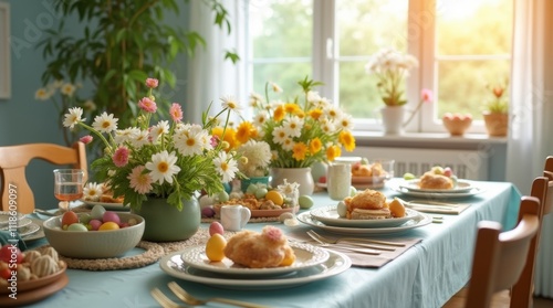 A beautifully arranged Easter brunch table featuring an array of colorful dishes, fresh flowers, and decorative eggs, set in a bright, sunlit dining room, creating a festive atmosphere