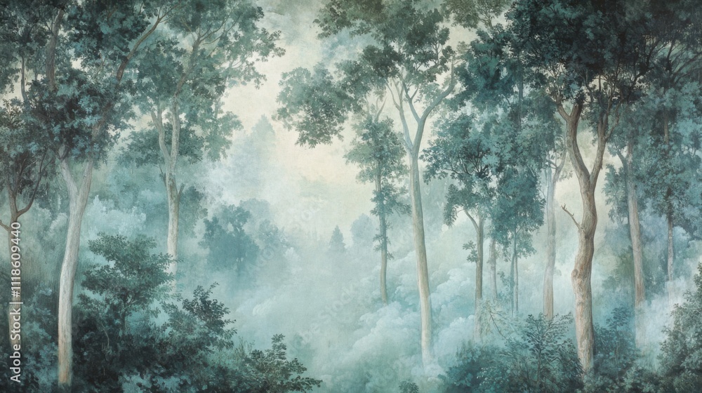 Misty forest with evergreen and deciduous trees Misty forest with evergreen and deciduous trees