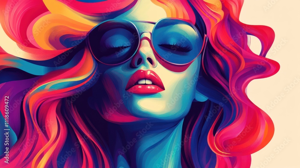 Vibrant abstract portrait of a woman with flowing hair and sunglasses. Vibrant abstract portrait of a woman with flowing hair and sunglasses.