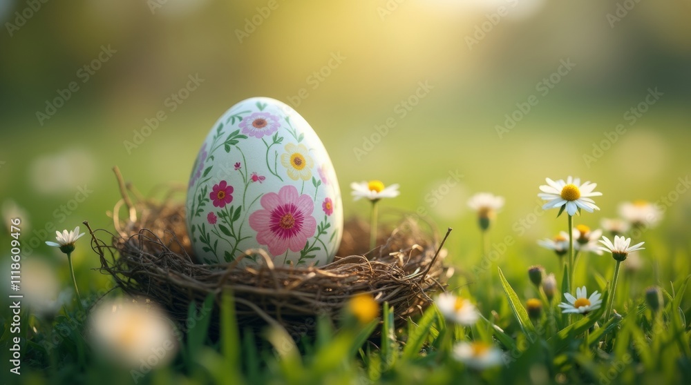 A close-up of a beautifully decorated Easter egg nestled in grass, surrounded by small wildflowers, capturing the essence of spring and the excitement of the egg hunt A close-up of a beautifully decorated Easter egg nestled in grass, surrounded by small wildflowers, capturing the essence of spring and the excitement of the egg hunt
