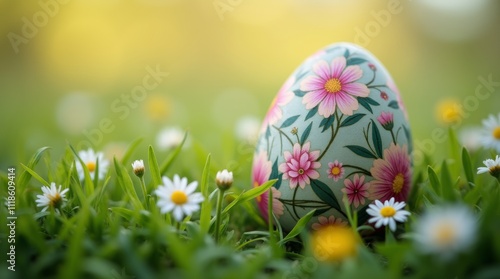 A close-up of a beautifully decorated Easter egg nestled in grass, surrounded by small wildflowers, capturing the essence of spring and the excitement of the egg hunt