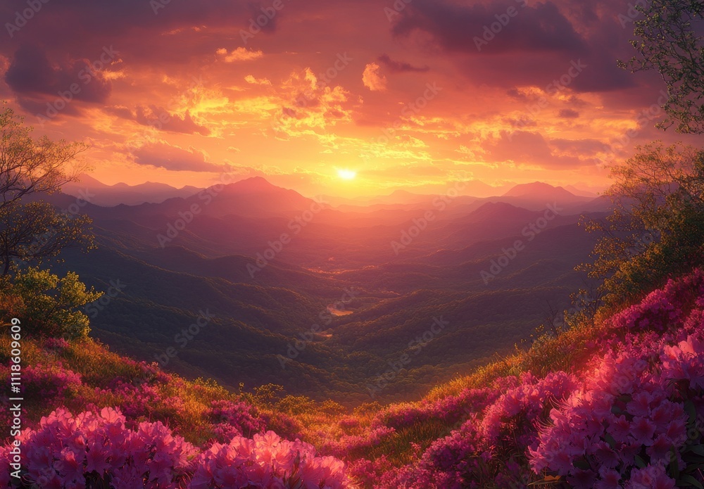 Breathtaking Sunset Over Vibrant Mountains with Blooming Azaleas in the Foreground, Illuminating the Sky in Warm Tones of Orange, Pink, and Purple Breathtaking Sunset Over Vibrant Mountains with Blooming Azaleas in the Foreground, Illuminating the Sky in Warm Tones of Orange, Pink, and Purple