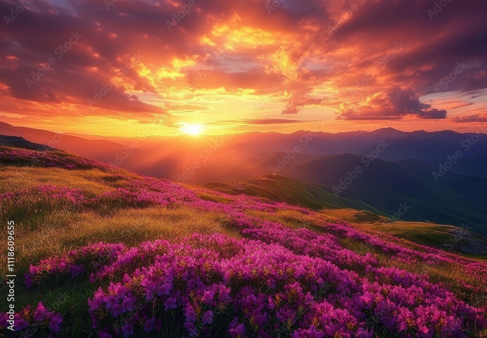 Fototapeta premium Breathtaking Sunset Over Vibrant Purple Flower Fields in Majestic Mountain Landscape Illuminated by Golden Glow of Sunlight