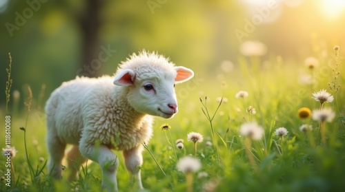 A fluffy lamb grazing in a lush green meadow, surrounded by wildflowers, embodying the essence of spring and innocence in a pastoral setting