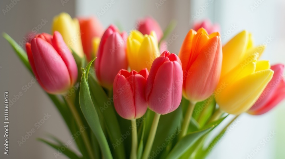 Naklejka premium A vibrant bouquet of tulips in various colors, elegantly arranged in a glass vase, bringing a fresh and cheerful ambiance to any room.