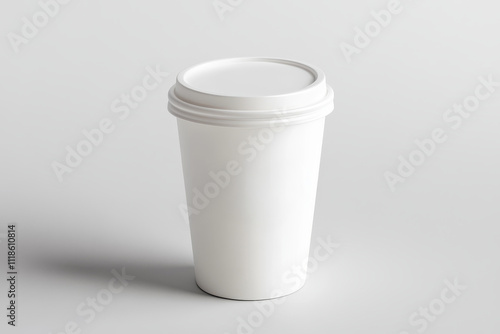 Minimalist White Coffee Cup - A sleek white coffee cup with a smooth lid, perfect for branding or mock-up presentations in a clean setting.