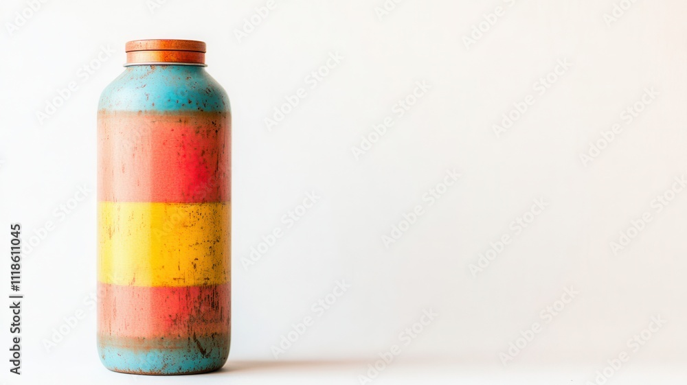 A colorful, striped bottle stands against a plain background, showcasing vibrant hues of blue, red, and yellow. A colorful, striped bottle stands against a plain background, showcasing vibrant hues of blue, red, and yellow.