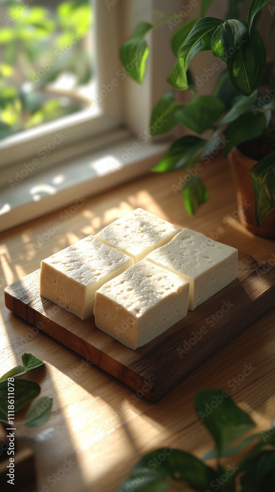 Freshly cut blocks of tofu displayed on a wooden board with sunlight streaming through a window in a cozy kitchen setting Freshly cut blocks of tofu displayed on a wooden board with sunlight streaming through a window in a cozy kitchen setting