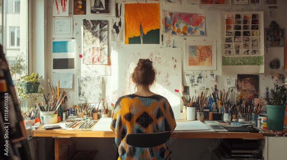 Woman artist working at her desk in a sunlit studio. Woman artist working at her desk in a sunlit studio.