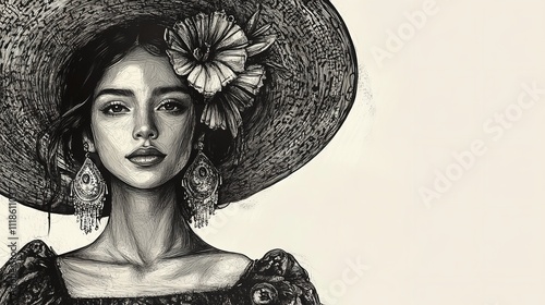  Elegant Latina Woman in Traditional Dress and Sombrero with Floral Accents