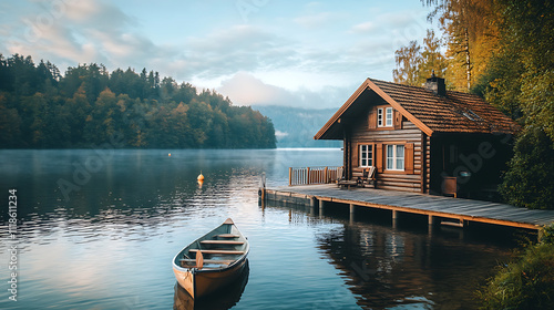 A serene house by the lake with a wooden pier extending into the water and a small boat tied to it 