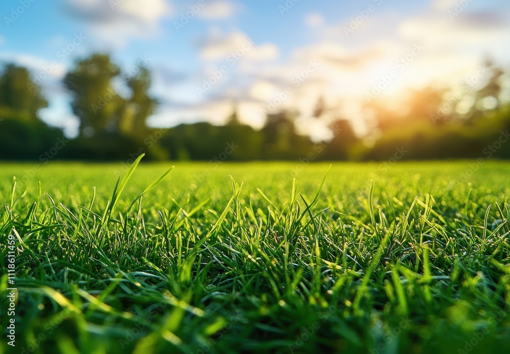Close-Up View of Lush Green Grass with Nature Background and Soft Sunset Light Filtering Through Beautiful Clouds in the Sky Close-Up View of Lush Green Grass with Nature Background and Soft Sunset Light Filtering Through Beautiful Clouds in the Sky