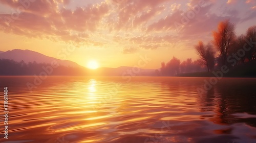 Golden Sunset Over Calm Lake And Distant Mountains