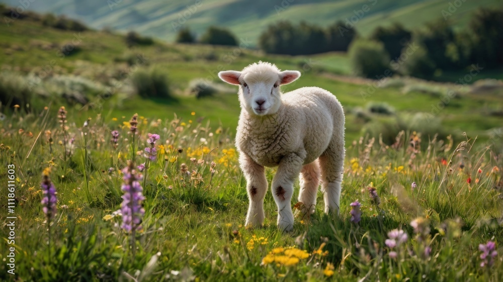 Obraz premium A fluffy lamb grazing in a lush green meadow, surrounded by wildflowers, embodying the essence of spring and innocence in a pastoral setting