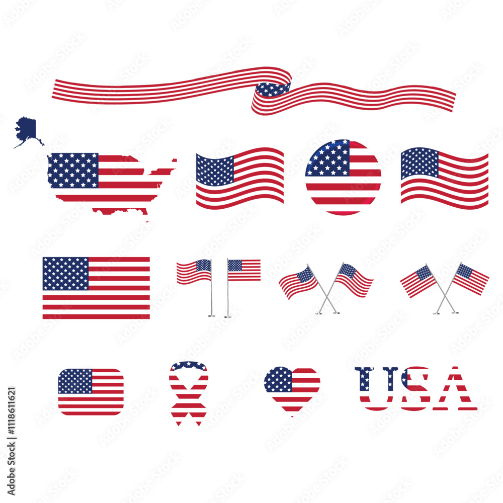 USA map stationery elements collection with the flag USA map stationery elements collection with the flag