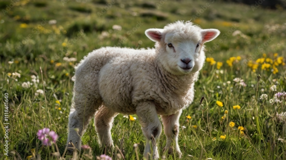 A fluffy lamb grazing in a lush green meadow, surrounded by wildflowers, embodying the essence of spring and innocence in a pastoral setting A fluffy lamb grazing in a lush green meadow, surrounded by wildflowers, embodying the essence of spring and innocence in a pastoral setting