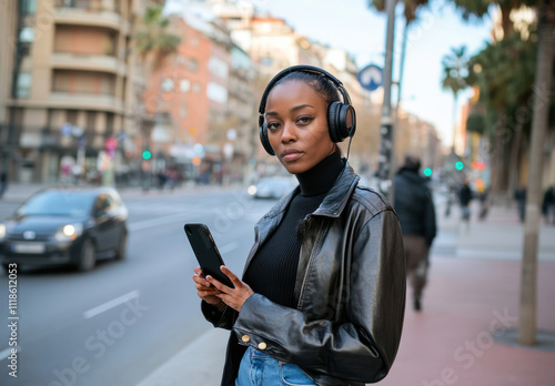 Young woman enjoys music while standing on a city street during the day